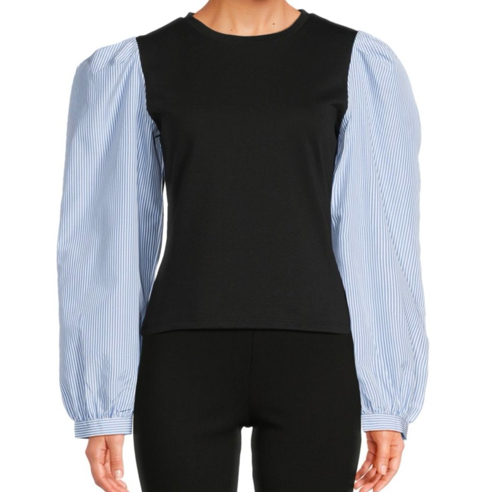 Lea & Viola Two-Toned Striped Sleeve Top